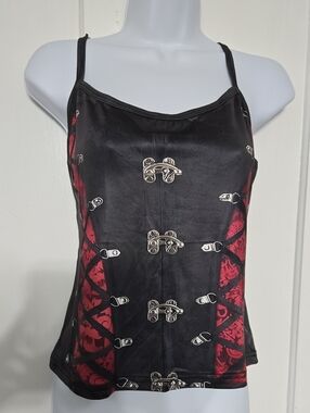 Black & Red Gothic Print Satiny Tank Top XL